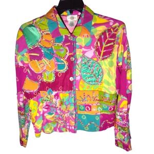 Sandy Starkman Colorful Patchwork‎ Floral Leaf Print Blazer Jacket XL